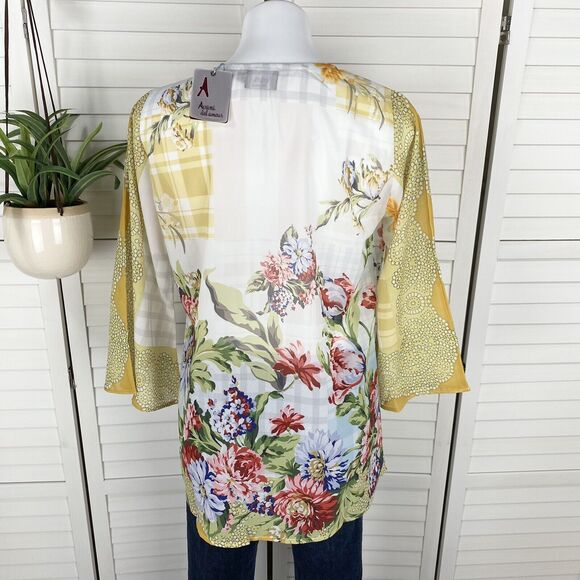 New Avani Del Amour Yellow Multi Floral Tunic Top Tassel‎ Tie Bell Sleeve Size S - Picture 3 of 6